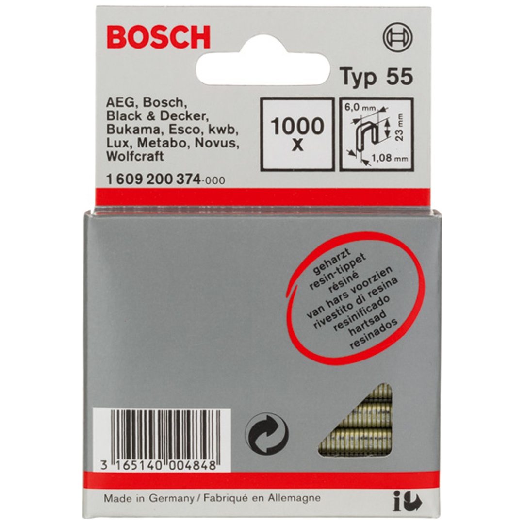 Bosch Schmalrückenklammer Typ 55 geharzt, 23, 1000er-Pack, für Druckluftnagler/Drucklufthefter