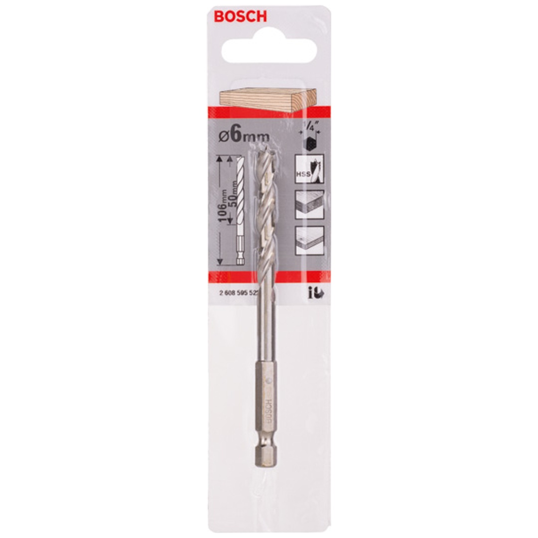 Bosch Holzspiralbohrer mit 1/4 Zoll-Sechskantschaft, 6 x 63 x 106 mm