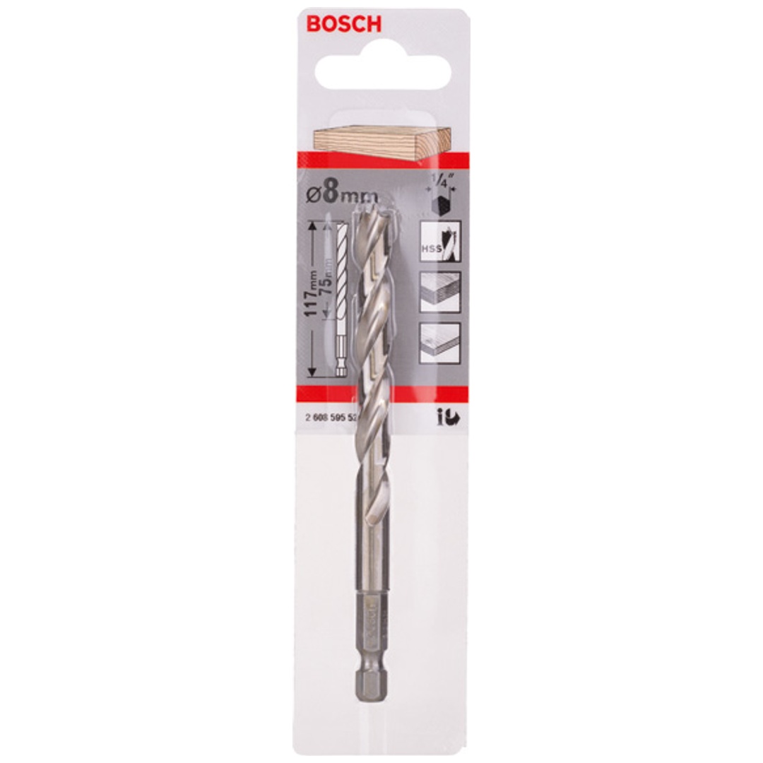 Bosch Holzspiralbohrer mit 1/4 Zoll-Sechskantschaft, 8 x 75 x 117 mm