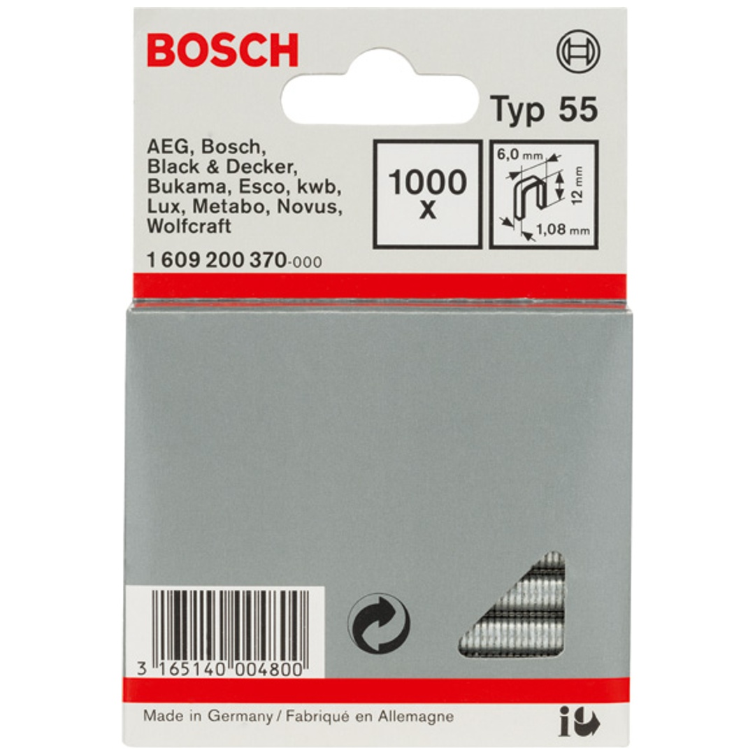 Bosch Schmalrückenklammer Typ 55, 12, 1000er-Pack, für Druckluftnagler/Drucklufthefter