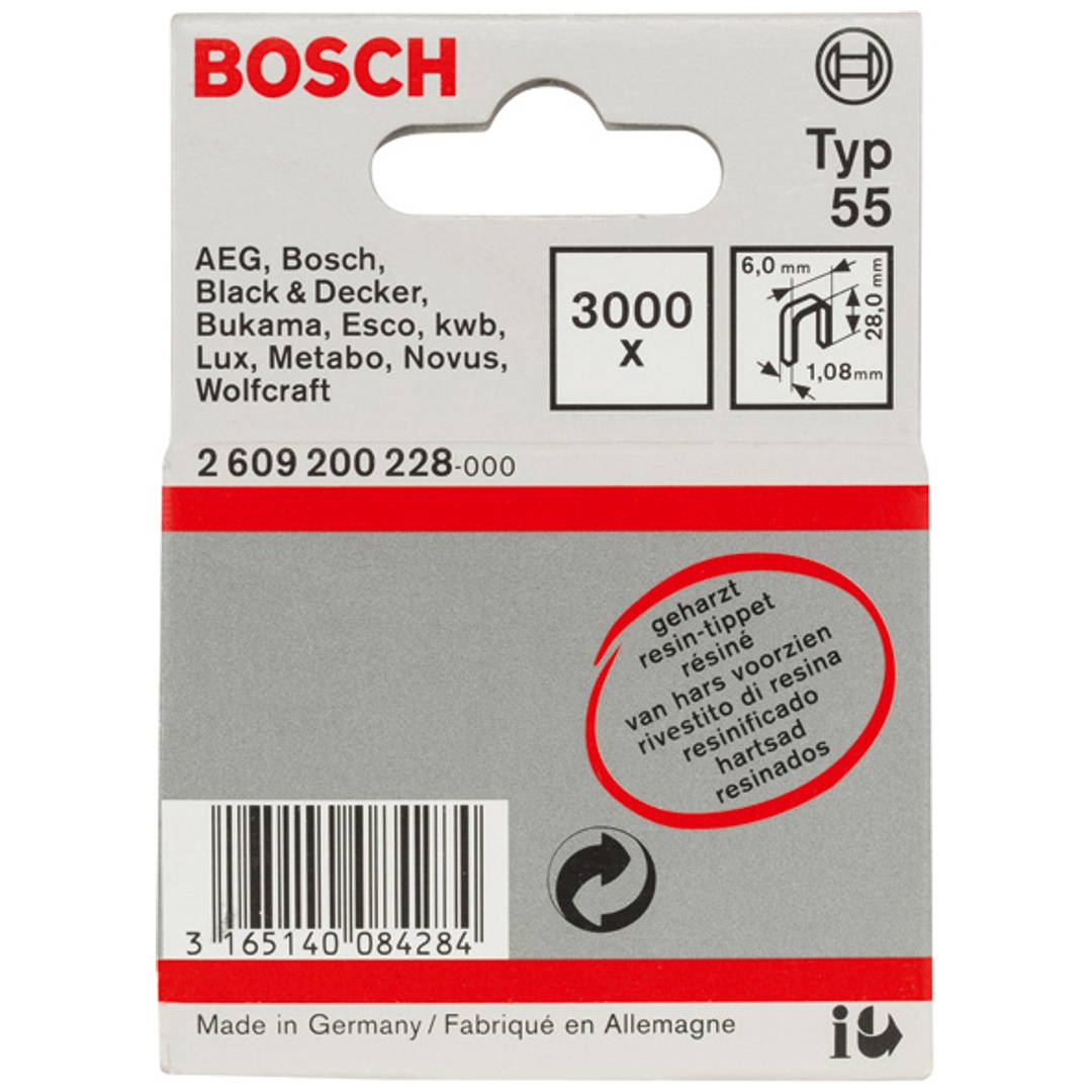 Bosch Schmalrückenklammer Typ 55 geharzt, 28, 3000er-Pack, für Druckluftnagler/Drucklufthefter