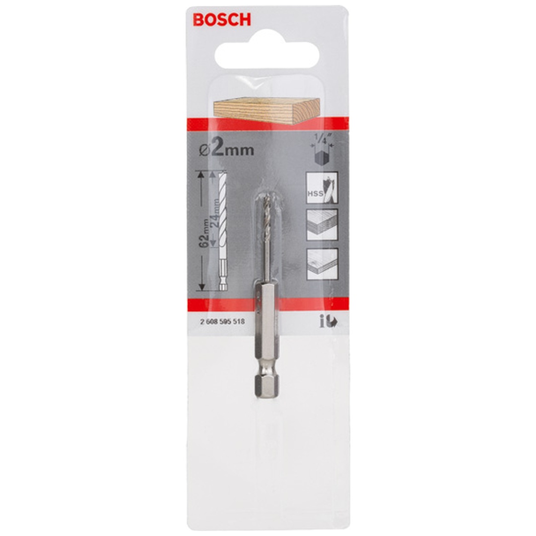 Bosch Holzspiralbohrer mit 1/4 Zoll-Sechskantschaft, 2 x 24 x 62 mm