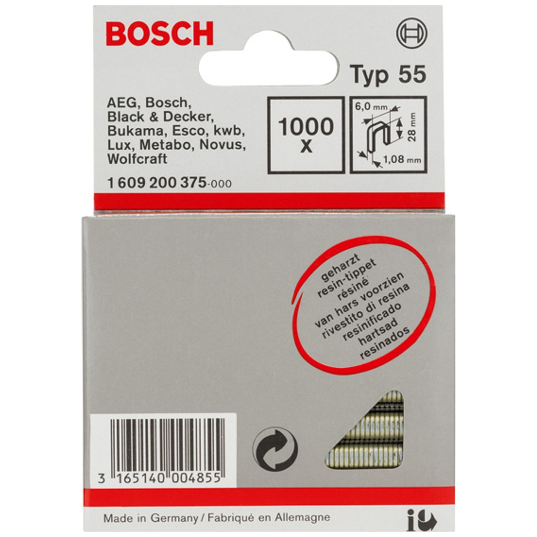 Bosch Schmalrückenklammer Typ 55 geharzt, 28, 1000er-Pack, für Druckluftnagler/Drucklufthefter