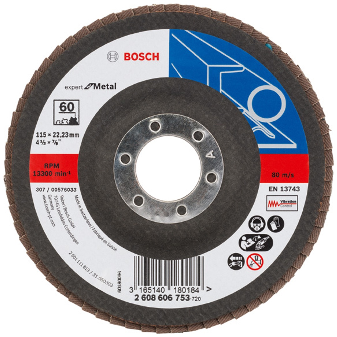 Bosch Fächerschleifscheibe X551, Expert for Metal, gewinkelt , 115 mm, 60, Glasgewebe
