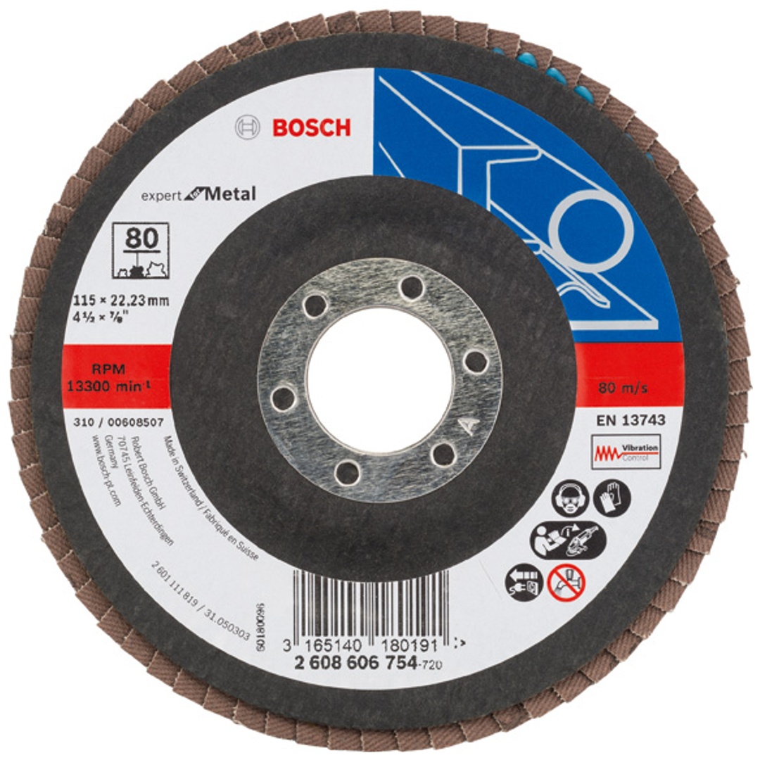 Bosch Fächerschleifscheibe X551, Expert for Metal, gewinkelt , 115 mm, 80, Glasgewebe