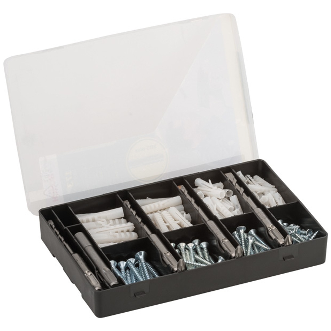 Bosch Fixier-Set 173-teilig, Bohrer, Dübel, Schrauben, Bits in handlicher Sortierbox.