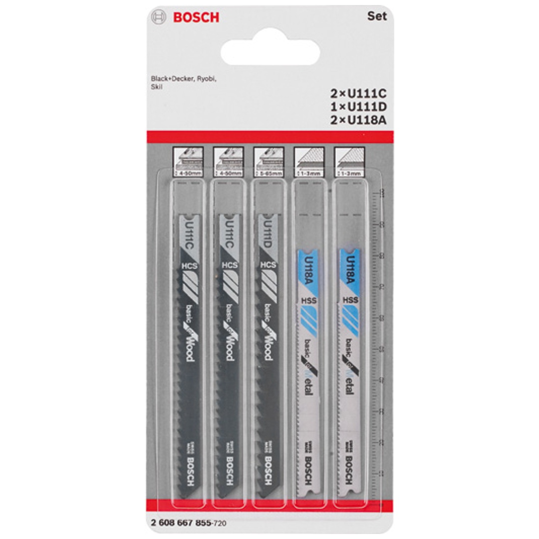 Bosch 5-tlg. Stichsägeblatt-Set Wood and Metal, U-Schaft U 111 C, U 111 D, U 118 A