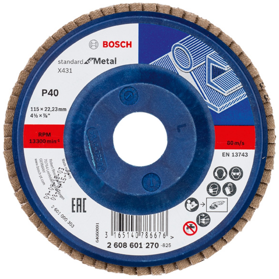 Bosch Fächerschleifscheibe X431, Standard for Metal, für kleine Winkelschleifer, 115 x 22,23, Korn 40, Kunststoff
