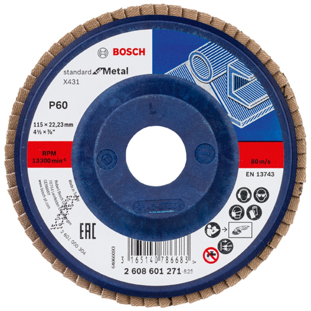 Bosch Fächerschleifscheibe X431, Standard for Metal, für kleine Winkelschleifer, 115 x 22,23, Korn 60, Kunststoff