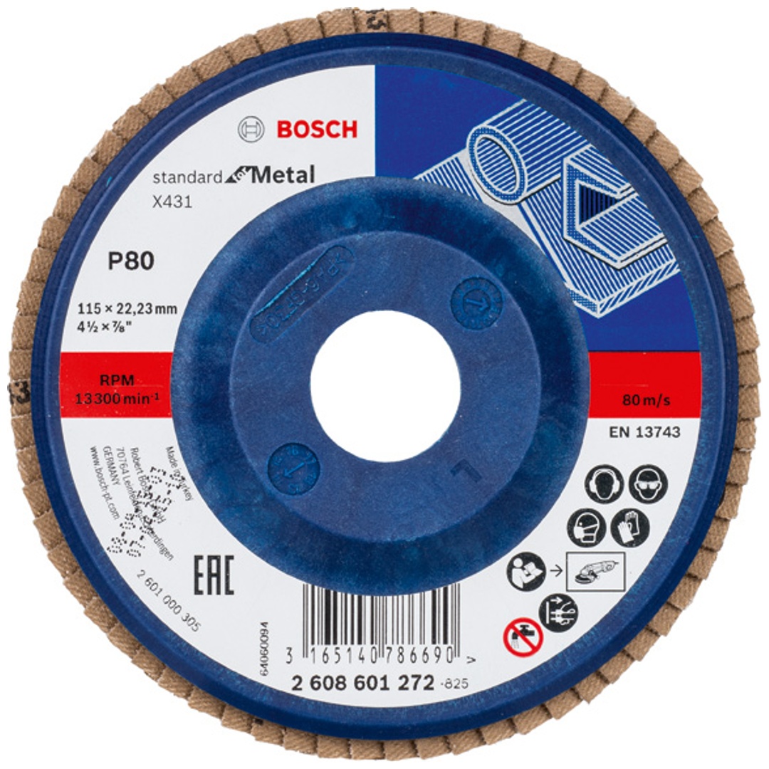 Bosch Fächerschleifscheibe X431, Standard for Metal, für kleine Winkelschleifer, 115 x 22,23, Korn 80, Kunststoff