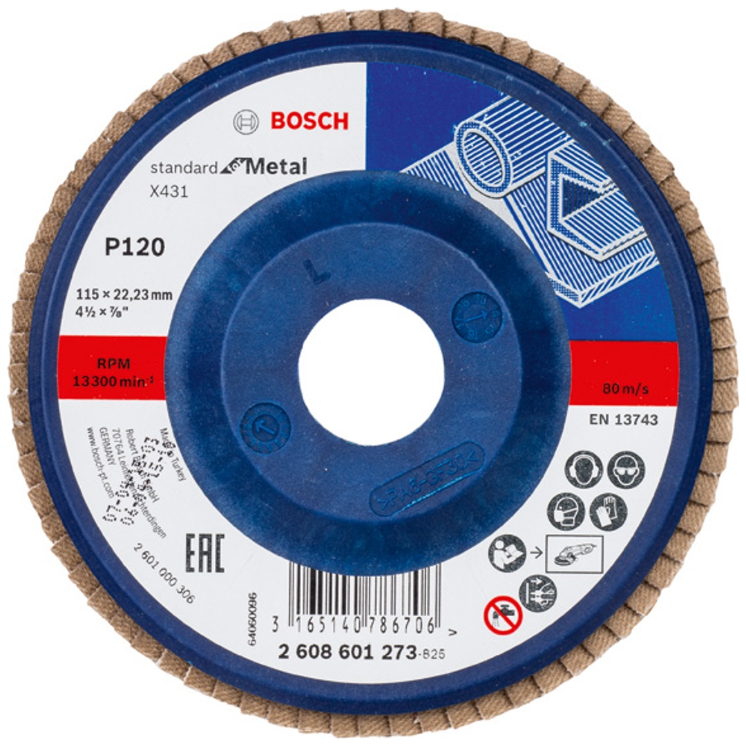 Bosch Fächerschleifscheibe X431, Standard for Metal, für kleine Winkelschleifer, 115 x 22,23, Korn 120, Kunststoff