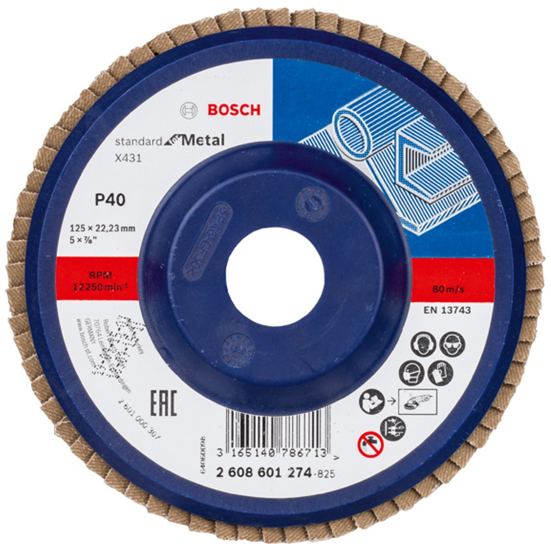 Bosch Fächerschleifscheibe X431, Standard for Metal, für kleine Winkelschleifer, 125 x 22,23, Korn 40, Kunststoff