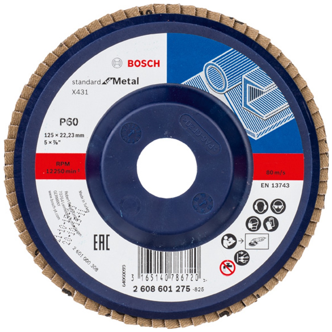 Bosch Fächerschleifscheibe X431, Standard for Metal, für kleine Winkelschleifer, 125 x 22,23, Korn 60, Kunststoff