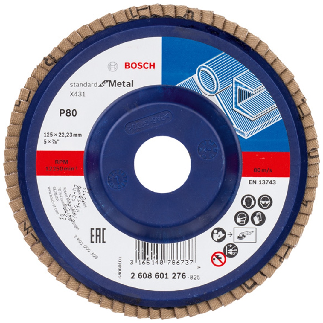 Bosch Fächerschleifscheibe X431, Standard for Metal, für kleine Winkelschleifer, 125 x 22,23, Korn 80, Kunststoff