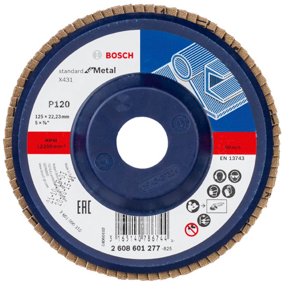Bosch Fächerschleifscheibe X431, Standard for Metal, für kleine Winkelschleifer, 125 x 22,23, Korn 120, Kunststoff