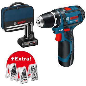 Bosch Akku-Bohrschrauber GSR 12V-15, incl. 2x Akku GBA 2+4 Ah, Ladegerät, Zubehör-Set in Tasche