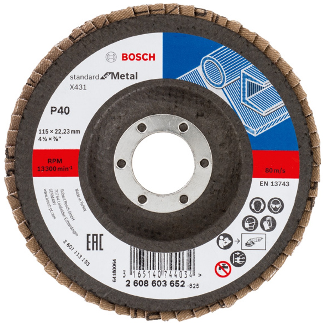 Bosch Fächerschleifscheibe X431, Standard for Metal, gewinkelt , 115 mm, 22,23 mm, 40