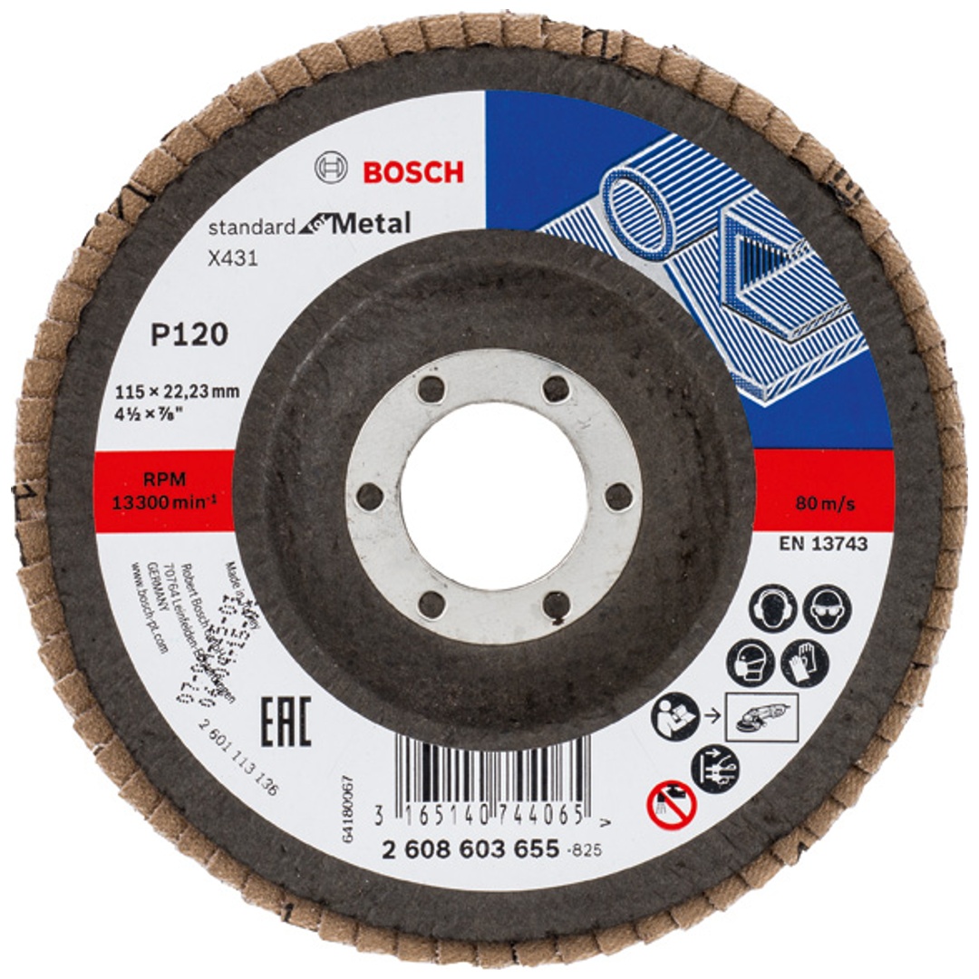 Bosch Fächerschleifscheibe X431, Standard for Metal, gewinkelt , 115 mm, 22,23 mm, 120