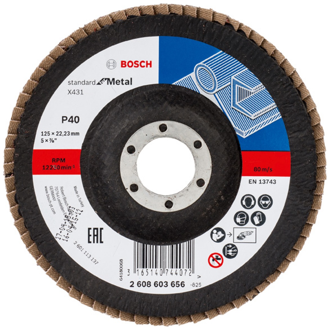 Bosch Fächerschleifscheibe X431, Standard for Metal, gewinkelt , 125 mm, 22,23 mm, 40