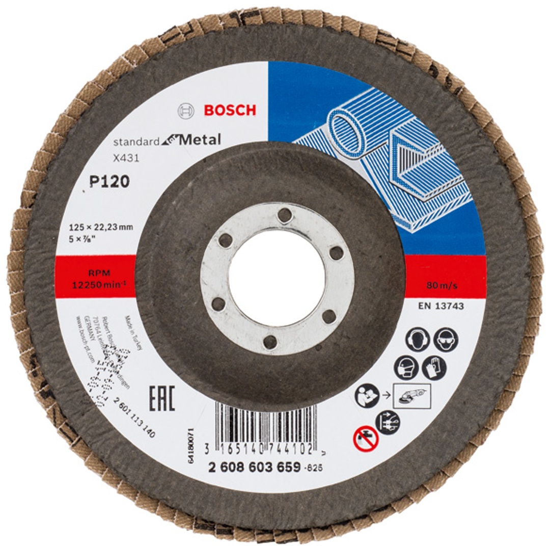 Bosch Fächerschleifscheibe X431, Standard for Metal, gewinkelt , 125 mm, 22,23 mm, 120