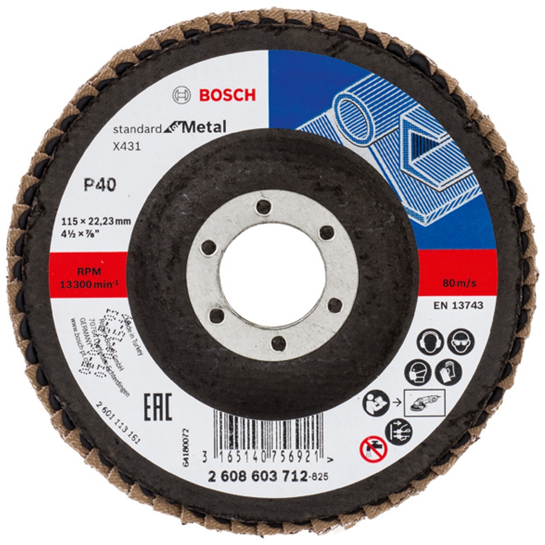 Bosch Fächerschleifscheibe X431, Standard for Metal, für kleine Winkelschleifer, 115 x 22,23, Korn 40, Glasgewebe