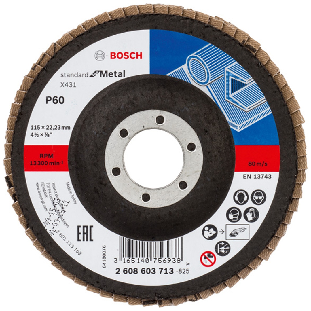 Bosch Fächerschleifscheibe X431, Standard for Metal, für kleine Winkelschleifer, 115 x 22,23, Korn 60, Glasgewebe