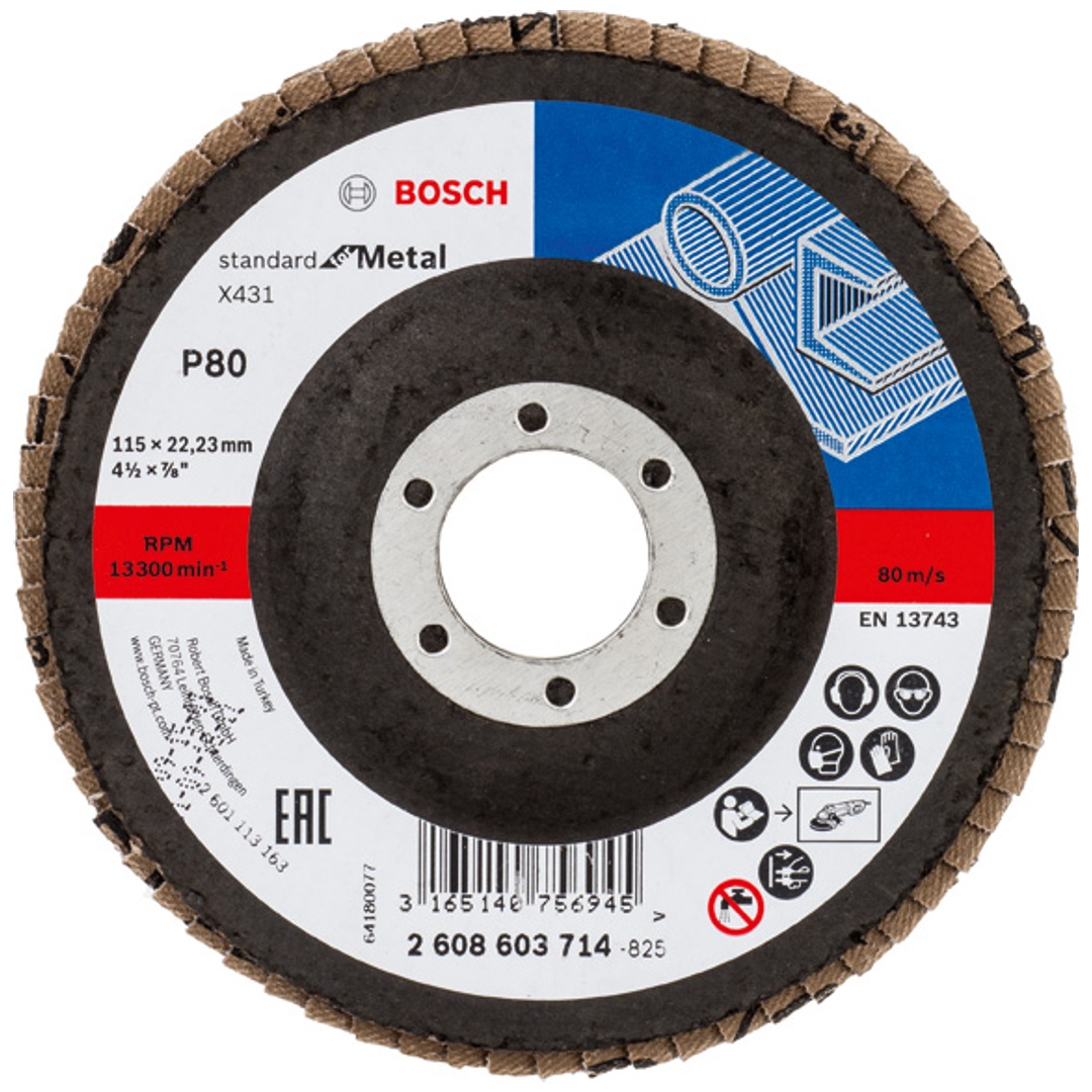 Bosch Fächerschleifscheibe X431, Standard for Metal, für kleine Winkelschleifer, 115 x 22,23, Korn 80, Glasgewebe