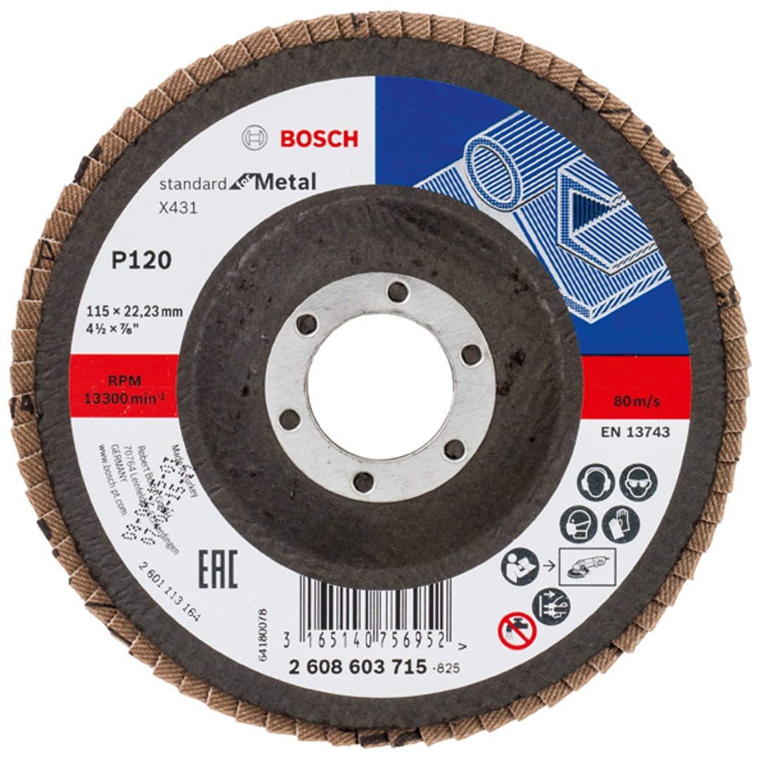 Bosch Fächerschleifscheibe X431, Standard for Metal, für kleine Winkelschleifer, 115 x 22,23, Korn 120, Glasgewebe