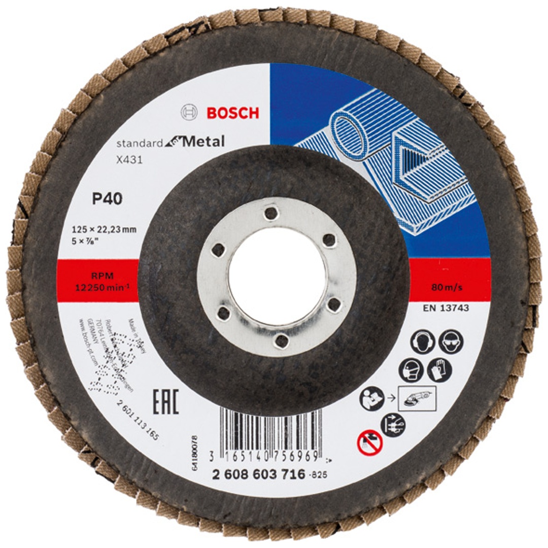 Bosch Fächerschleifscheibe X431, Standard for Metal, für kleine Winkelschleifer, 125 x 22,23, Korn 40, Glasgewebe