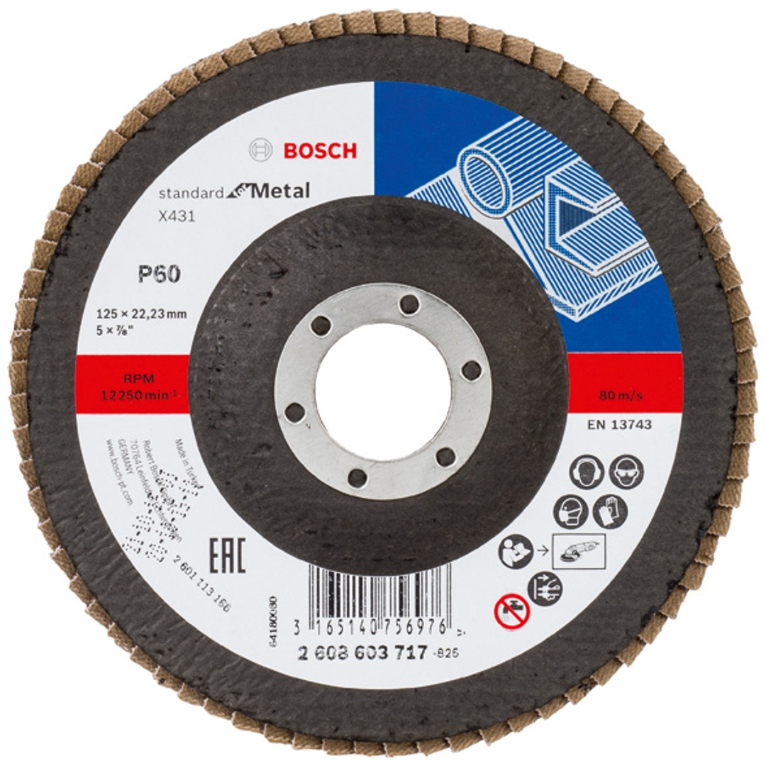 Bosch Fächerschleifscheibe X431, Standard for Metal, für kleine Winkelschleifer, 125 x 22,23, Korn 60, Glasgewebe