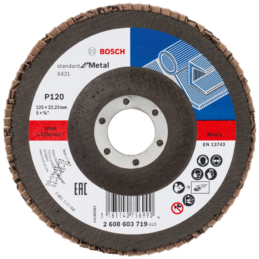 Bosch Fächerschleifscheibe X431, Standard for Metal, für kleine Winkelschleifer, 125 x 22,23, Korn 120, Glasgewebe