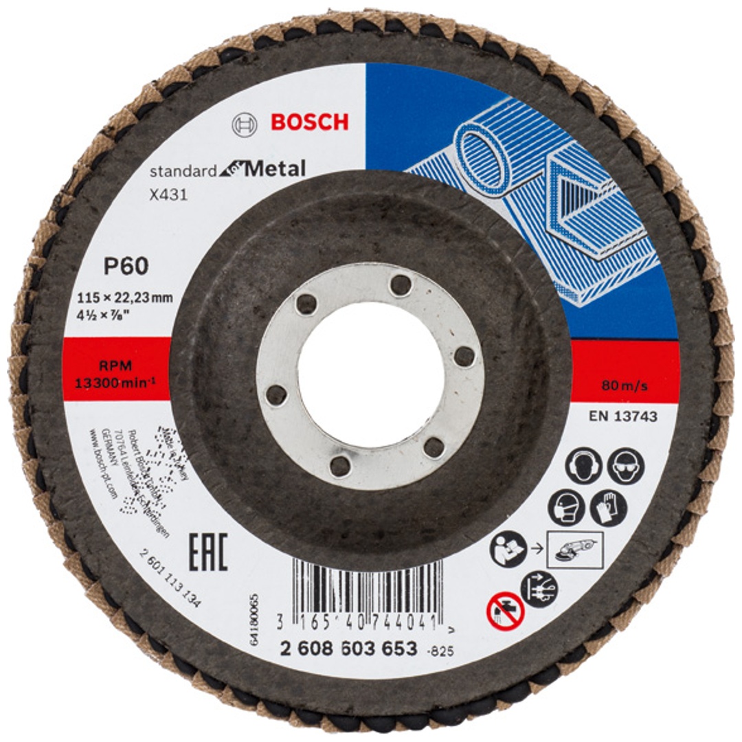 Bosch Fächerschleifscheibe X431, Standard for Metal, gewinkelt , 115 mm, 22,23 mm, 60