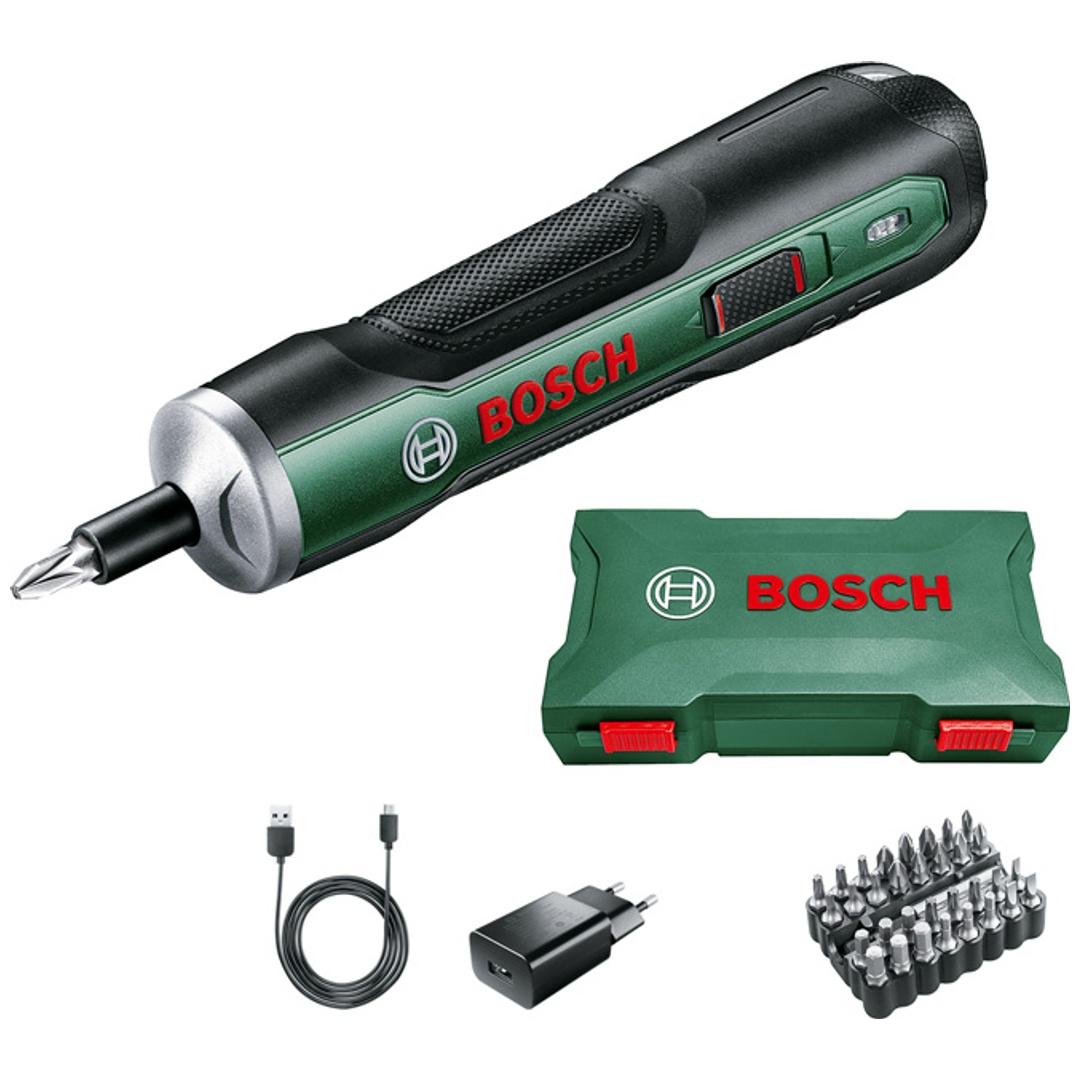 Bosch Akku-Schrauber PushDrive, 32-tlg. Schrauberbit-Set, Aufbewahrungsbox