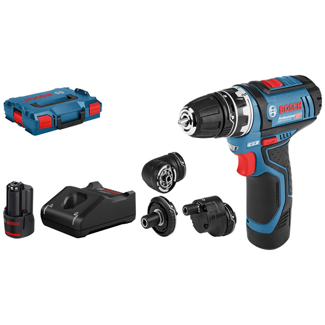 Bosch Akku-Bohrschrauber GSR 12V-15 FC, incl. 2x Akku GBA 2 Ah, Schnellladegerät, Zubehör, L-BOXX
