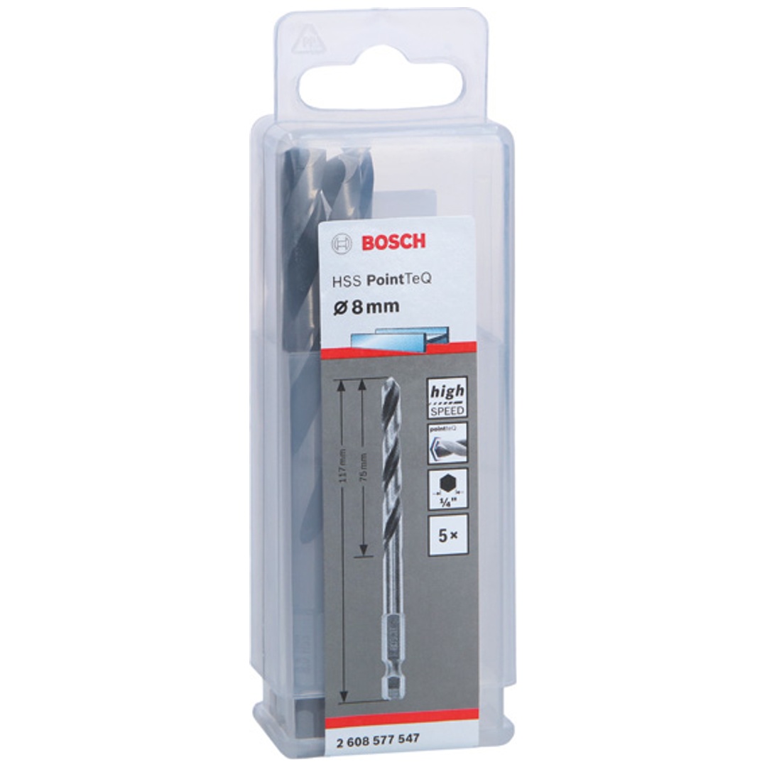 Bosch HSS Spiralbohrer mit Sechskantschaft PointTeQ Hex, 8 x 75 x 117 mm, 5er-Pack