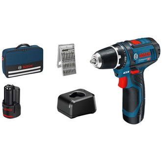 Bosch Akku-Bohrschrauber GSR 12V-15, incl. 2x Akku GBA 2 Ah, Ladegerät, 25-tlg. Bit-Set, Werkzeugtasche