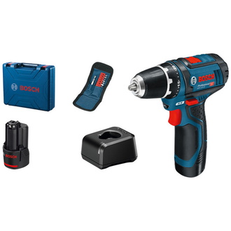 Bosch Akku-Bohrschrauber Aktionsset GSR 12V-15, incl. 2x Akku GBA 2 h, Ladegerät, 10-tlg. Bit-Set, Handwerkerkoffer