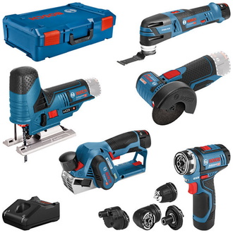 Bosch Profi Set 12V: GSR 12V-15 FC, GOP 12V-28, GHO 12V-20, GWS 12V-76, GST 12V-70, 3x Akku, Schnellladegerät, XL-BOXX