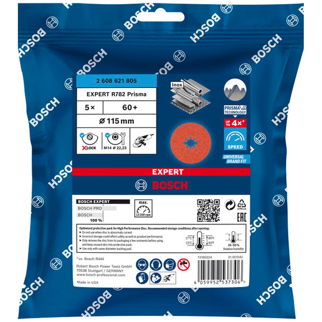 Bosch EXPERT R782 Prisma Ceramic Fiberscheibe, X-LOCK, 115 mm, 22,23 mm, K 60, 5-tlg.