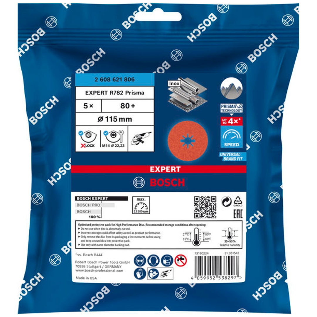 Bosch EXPERT R782 Prisma Ceramic Fiberscheibe, X-LOCK, 115 mm, 22,23 mm, K 80, 5-tlg.