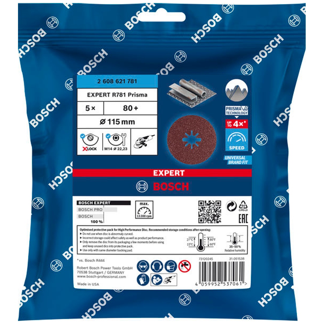 Bosch EXPERT R781 Prisma Ceramic Fiberscheibe, X-LOCK, 115 mm, 22,23 mm, K 80, 5-tlg.