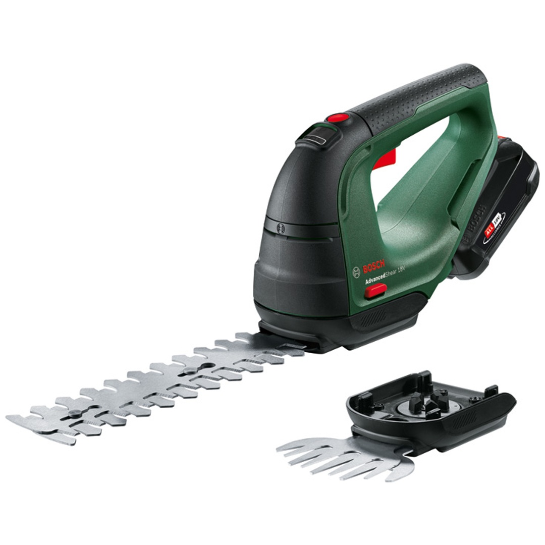 Bosch Akku-Strauch- und -Grasscheren-Set AdvancedShear 18V-10, incl. 1x Akku PBA 2 Ah, Ladegerät, 2x Messer, Karton