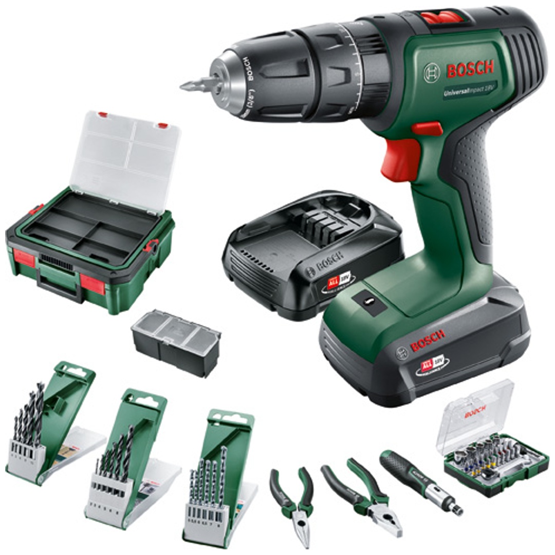 Bosch Akku-Zweigang-Schlagbohrschrauber UniversalImpact 18V, incl. 2x Akku PBA, Ladegerät, Zubehör, Werkzeug, SystemBox, Karton