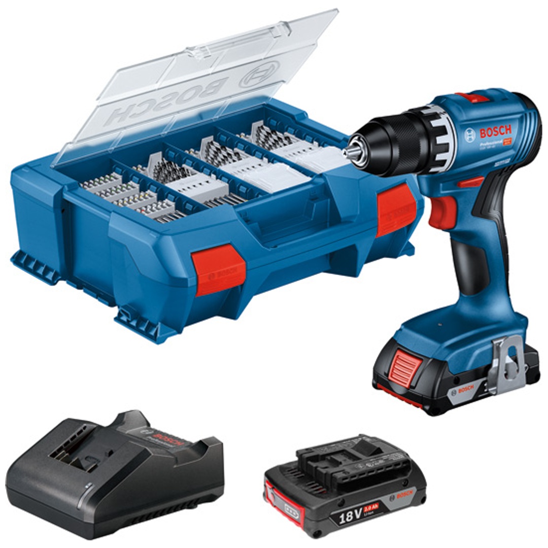 Bosch Akku-Bohrschrauber GSR 18V-45, incl. 2x Akku GBA 2 Ah, Ladegerät, 82-tlg. Zubehör-Set, L-Case