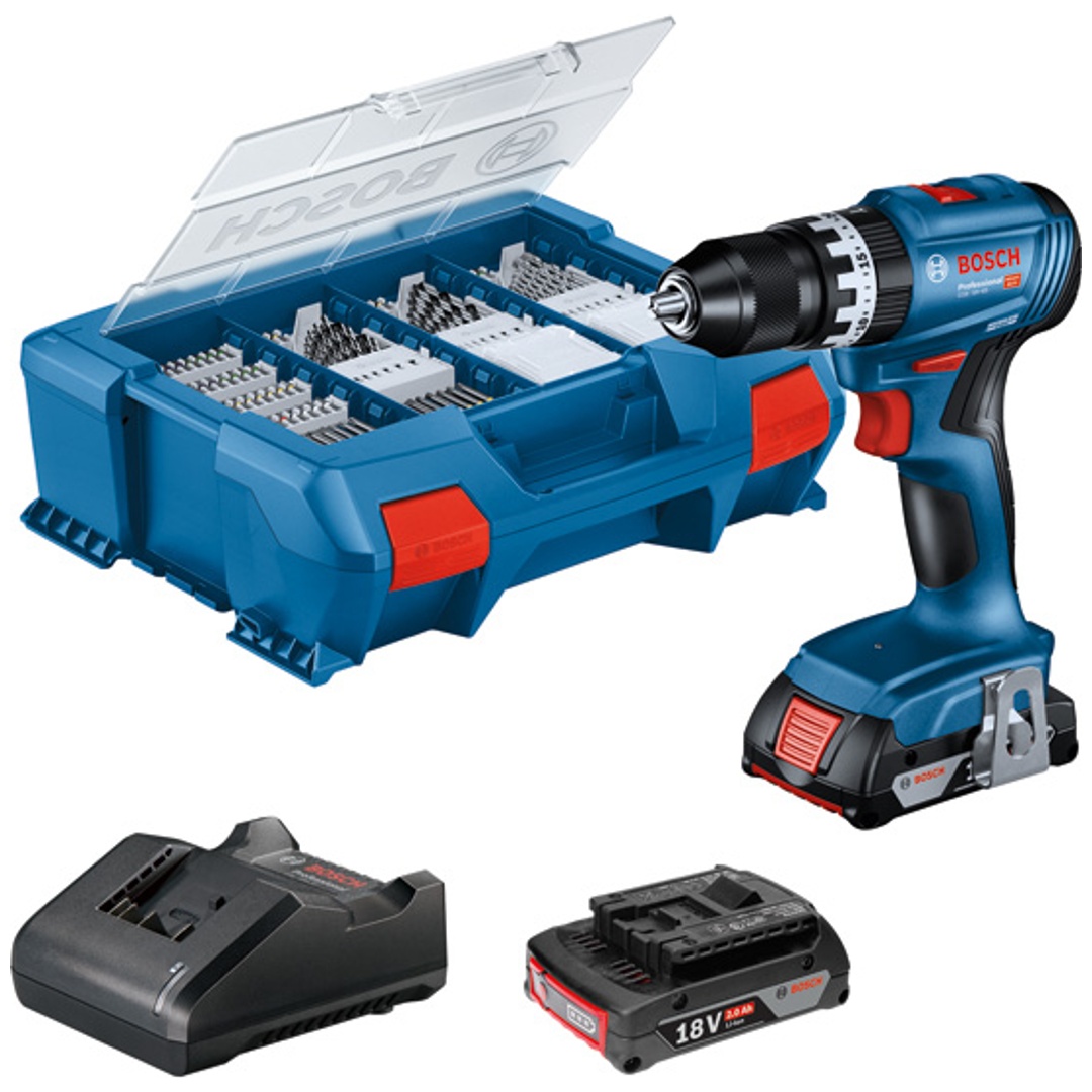 Bosch Akku-Bohrschrauber GSB 18V-45, incl. 2x Akku GBA 2 Ah, Ladegerät, 82-tlg. Zubehör-Set, L-CASE