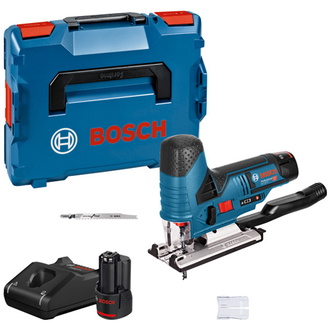 Bosch Akku-Stichsäge GST 12V-70, incl. 2x Akku GBA 3 Ah, Schnellladegerät, Absaug-Set, Zubehör, L-BOXX