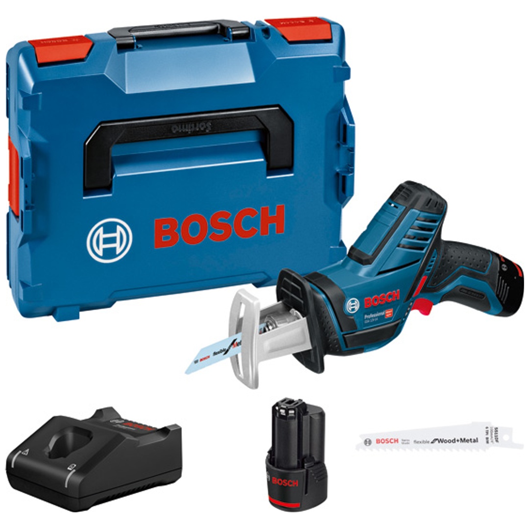 Bosch Akku-Säbelsäge GSA 12V-14, incl. 2x Akku GBA 3 Ah, Schnellladegerät, 2x Säbelsägeblatt, Zubehör, L-BOXX