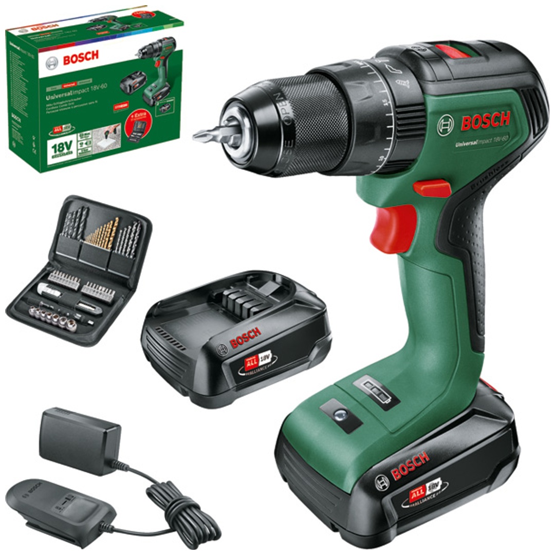 Bosch Akku-Zweigang-Schlagbohrschrauber UI 18V-60, incl. 2x Akku PBA 2 Ah, Ladegerät, Zubehör-Set, Tragekoffer