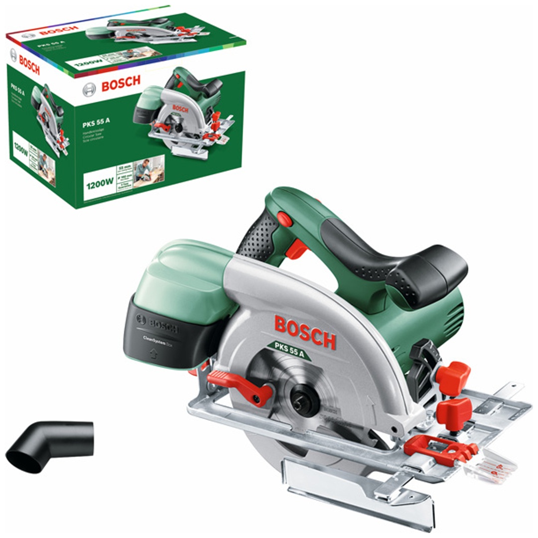 Bosch Handkreissäge PKS 55, incl. Sägeblatt, Parallelanschlag, Zubehör, Karton