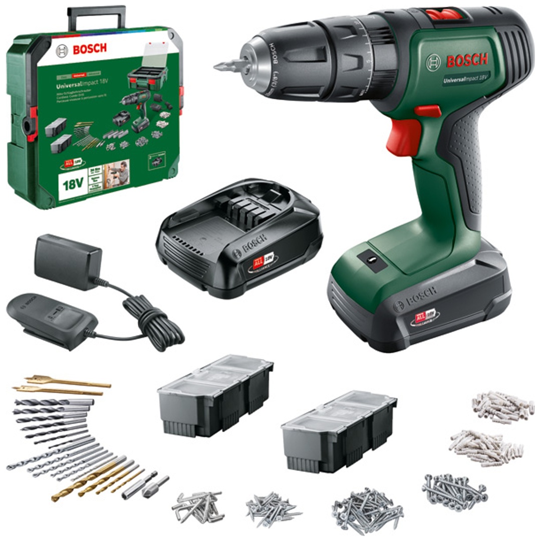 Bosch Akku-Schlagbohrmaschine UniversalImpact 18 V, incl. 2x Akku 1,5 Ah, Ladegerät, SystemBox, Zubehör, Karton
